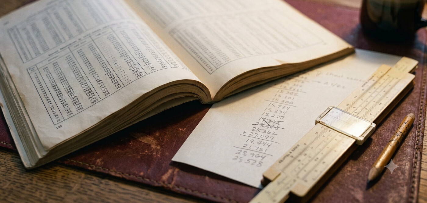 An open period technical manual with tables of numbers, a scratch pad of pencil arithmetic, a slide rule, and a pencil resting on a worn leather desk blotter