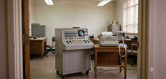 A Librascope LGP-30 console and Friden Flexowriter in a 1950s office
