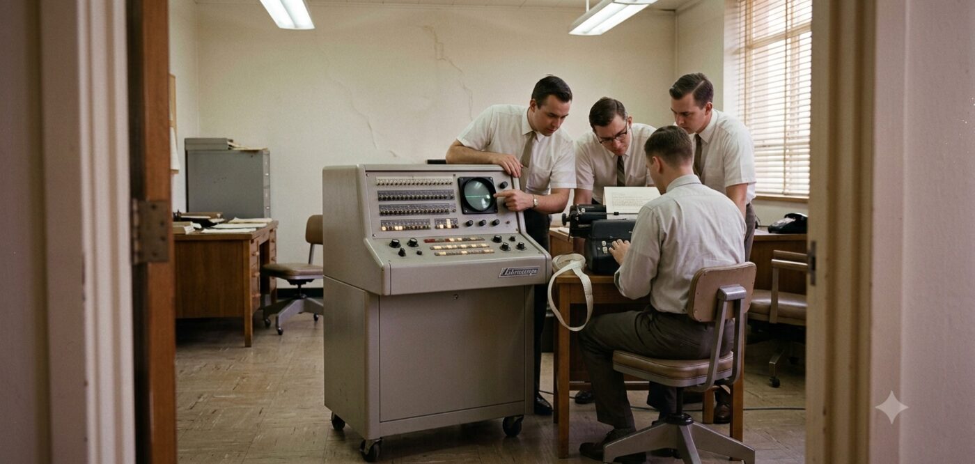 A group gathered around an LGP-30 console and Friden Flexowriter in a 1950s office, one person seated and typing with their back to the camera